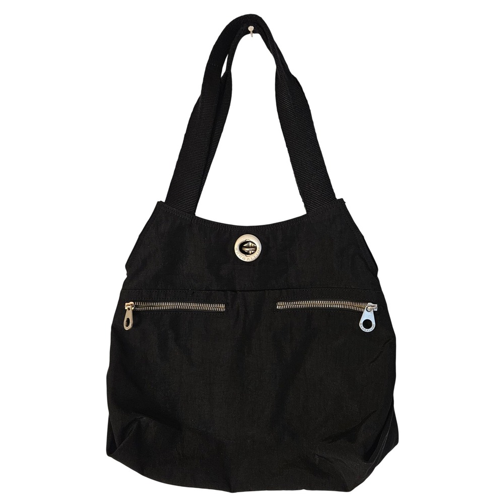 Baggallini Black Nylon Hobo Shoulder Bag Turn Lock Multi Pocket Travel Purse